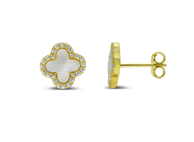036-G-238MOP CLASSY GIRLS WEAR PEARLS- CLASSY CLOVER EARRING- 14K GOLD
