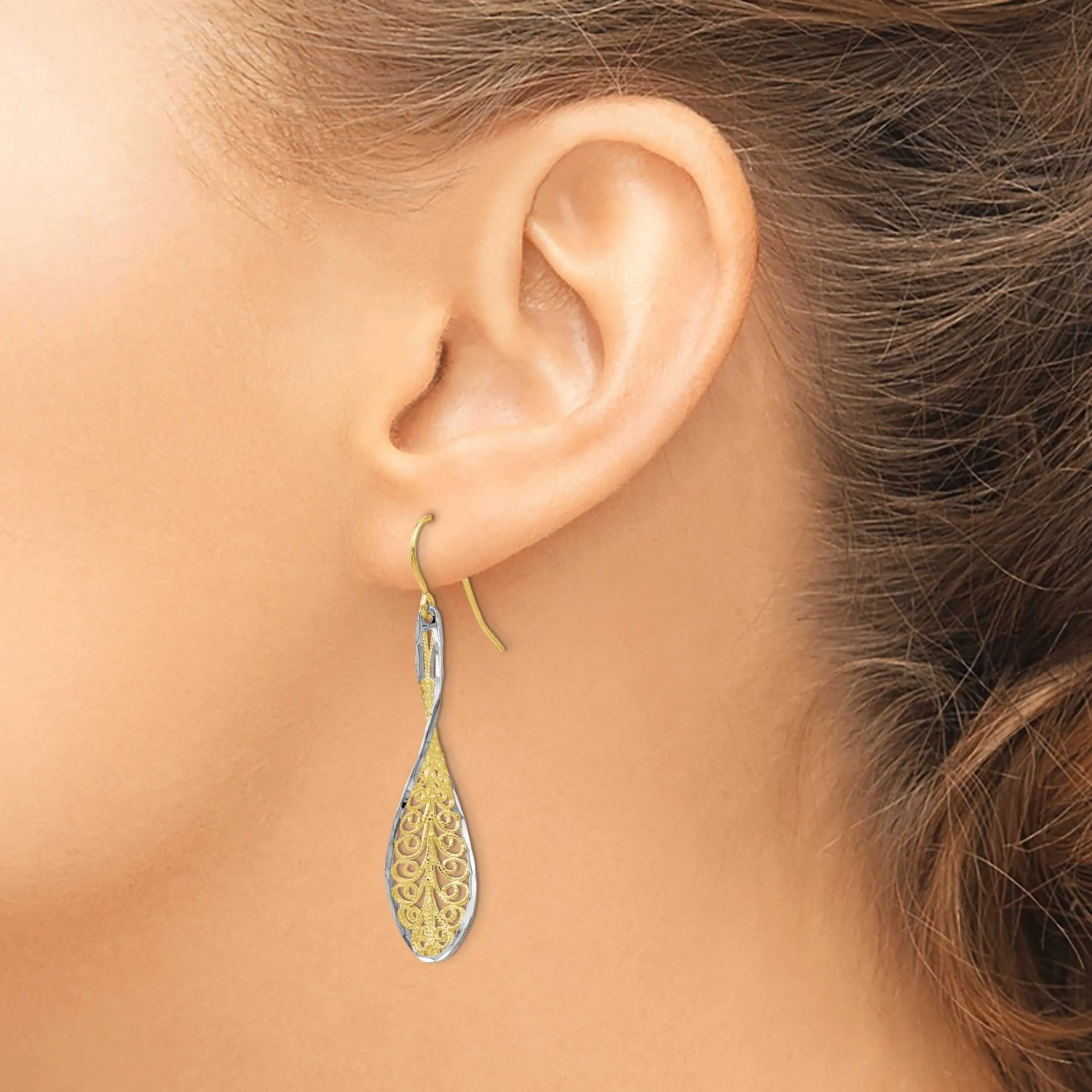 10kt Two Tone Gold Dangle Shepherd Hook Earrings