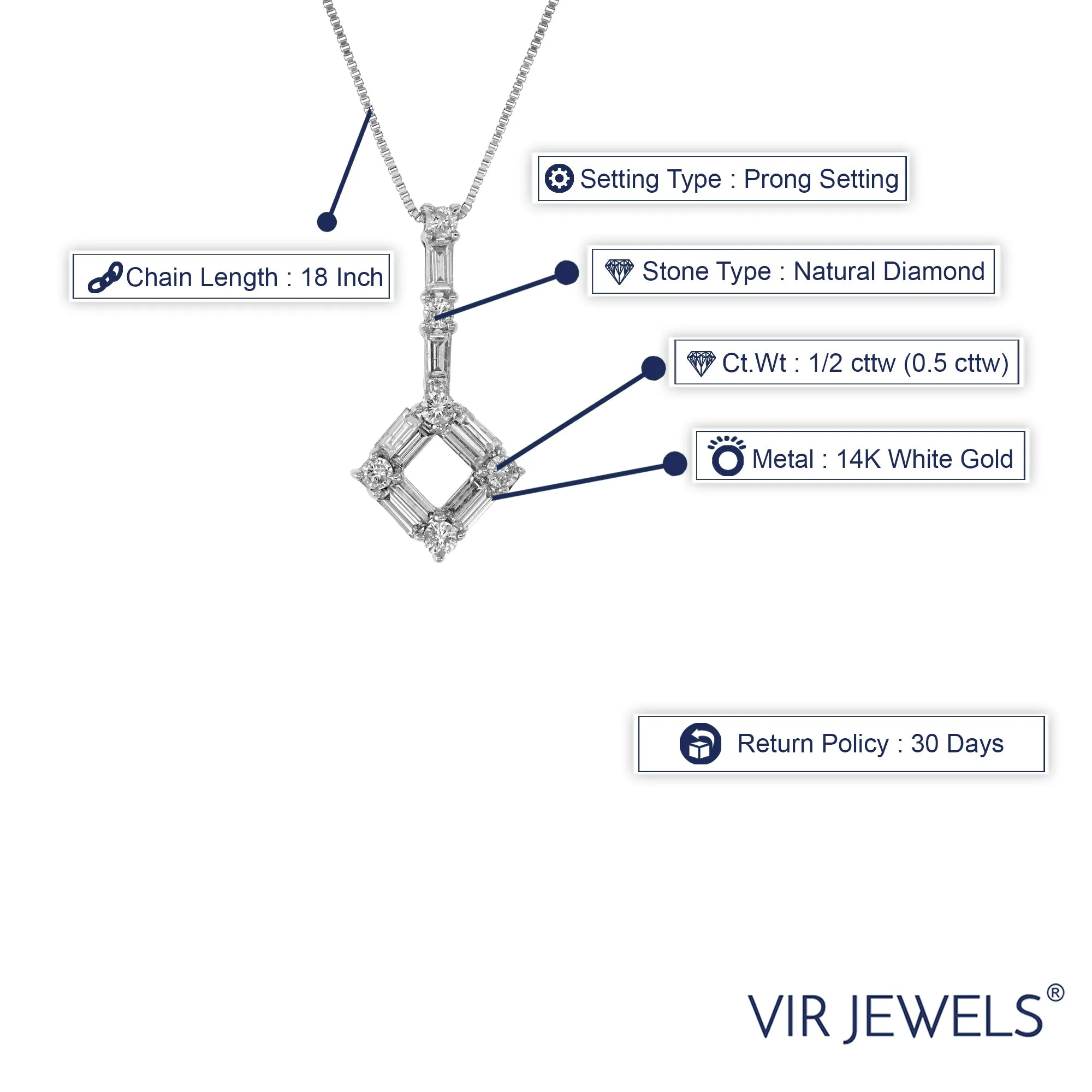 1/2 cttw Diamond Baguette Pendant in 14K White Gold