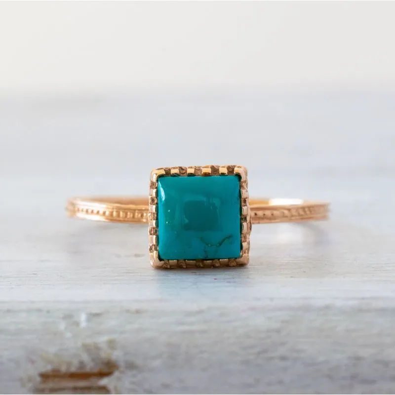 14K Rose Gold Square Turquoise 6X6mm Ring