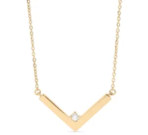 18K PVD Coated Stainless Steel V-Shaped Pendant Necklace with CZ Accent - In Gold