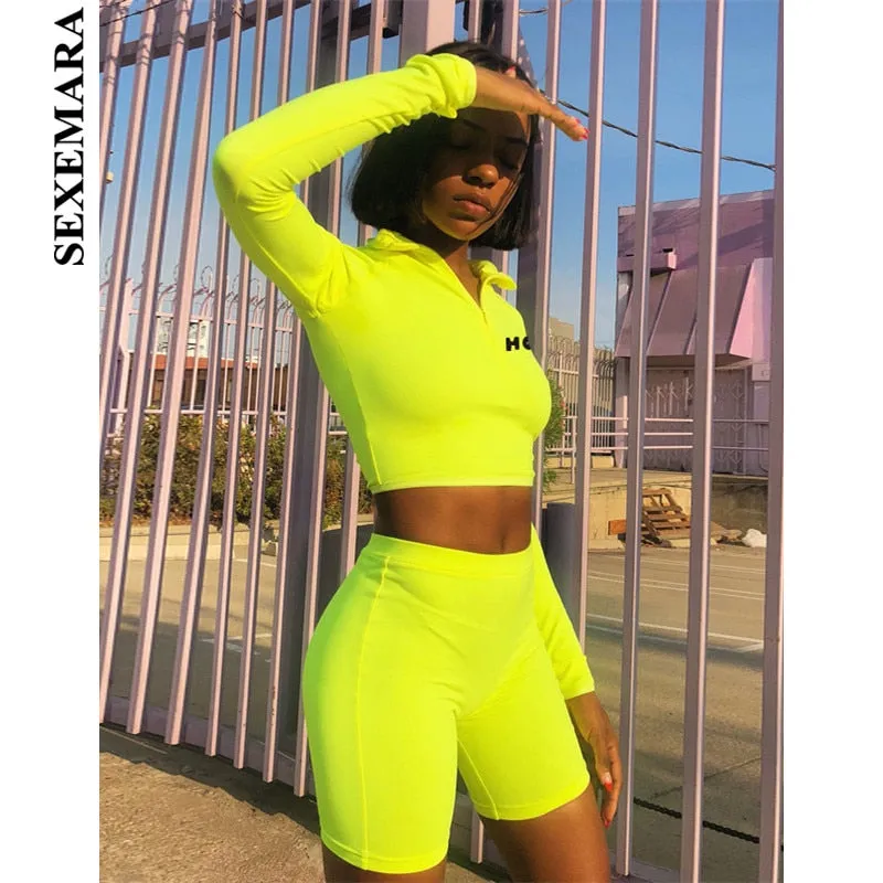 2 Piece Set Women Tracksuit Long Sleeve Crop Top and Biker Shorts