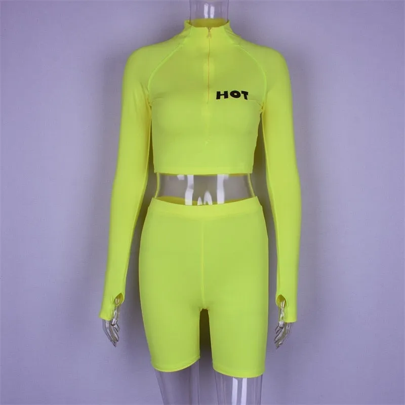 2 Piece Set Women Tracksuit Long Sleeve Crop Top and Biker Shorts