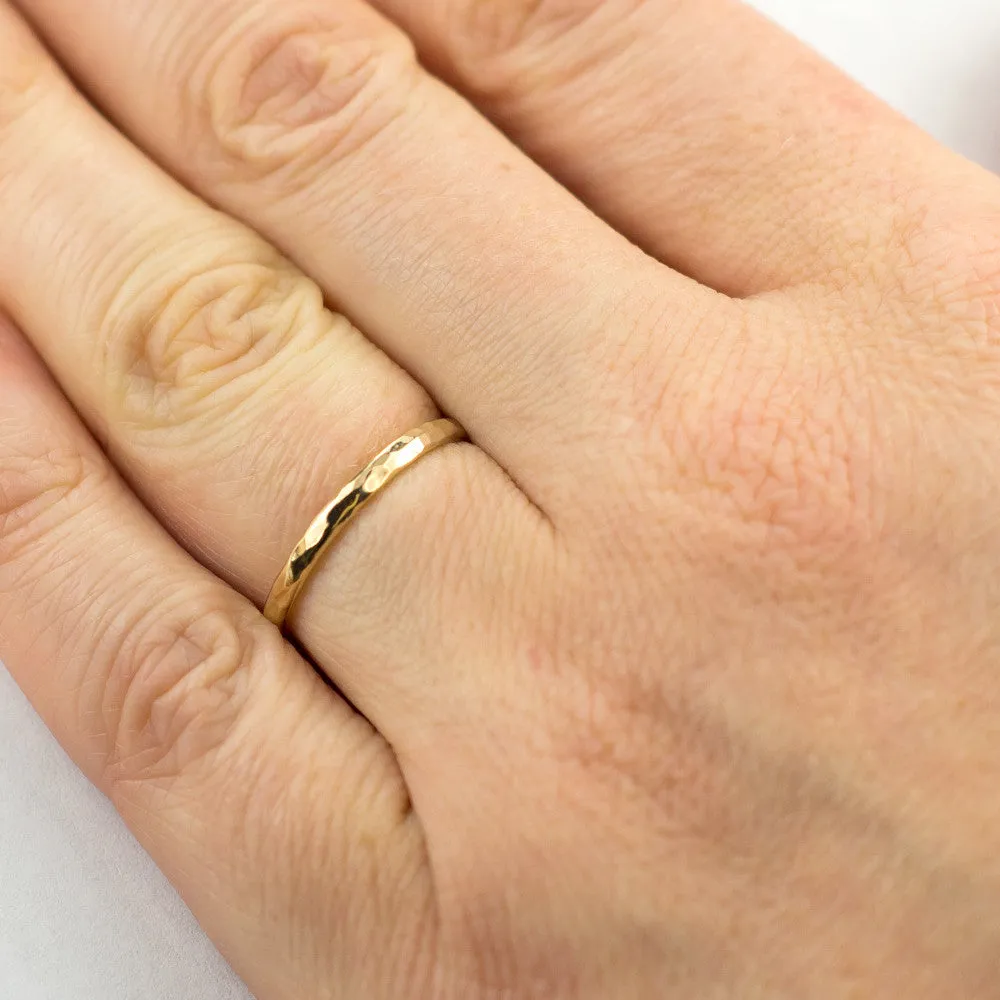 2mm Wide x 1.7mm Thick, 14k Yellow Gold Half Round Wedding Band, Hammered Polished