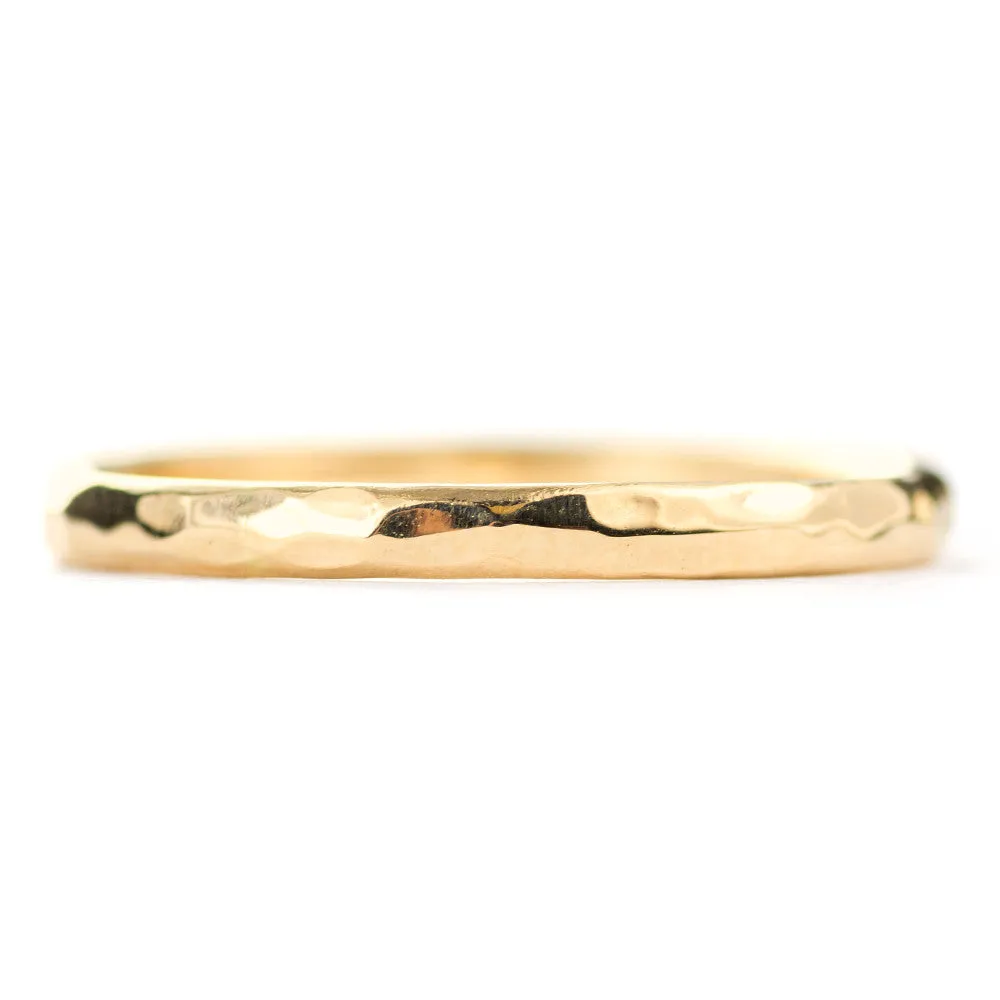 2mm Wide x 1.7mm Thick, 14k Yellow Gold Half Round Wedding Band, Hammered Polished