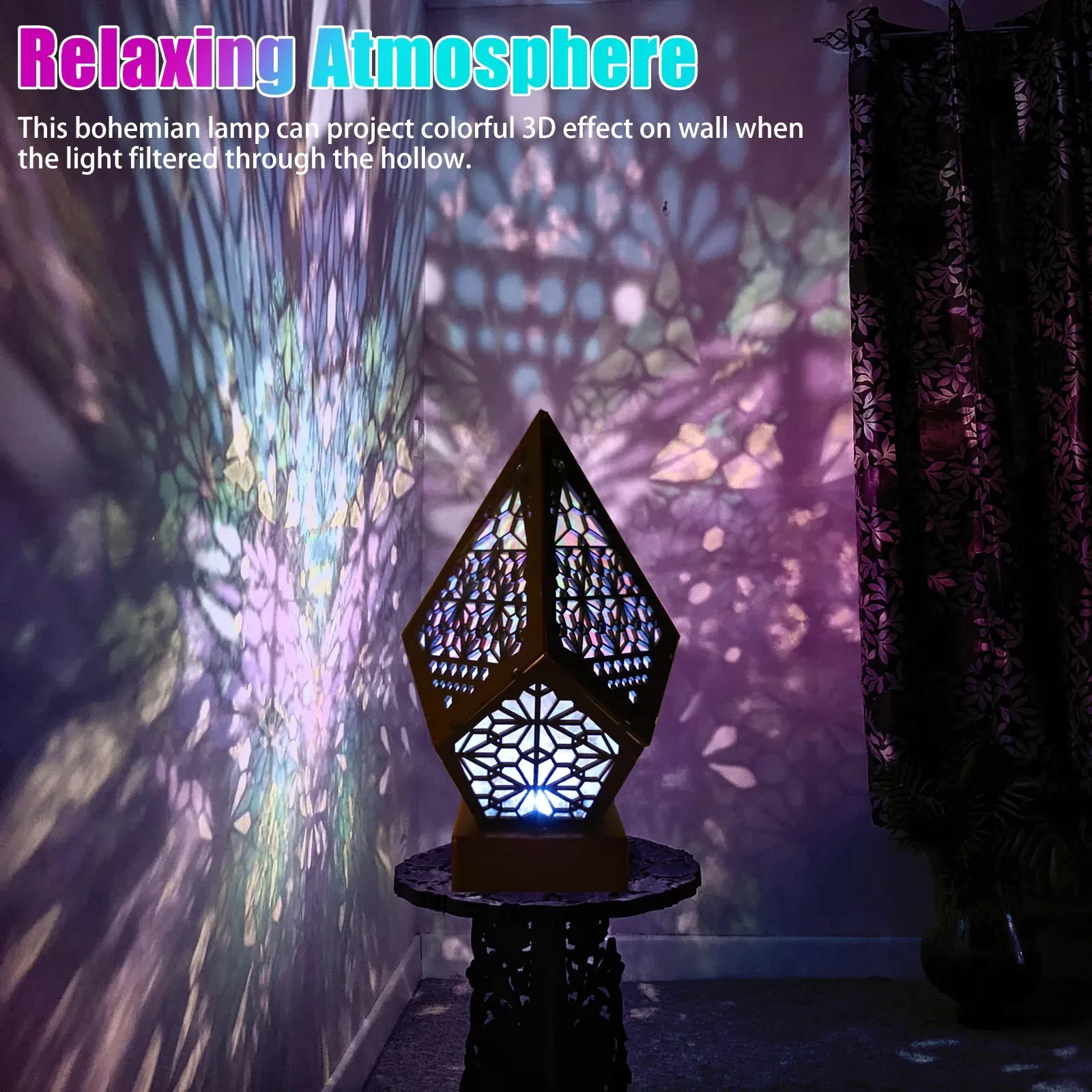 3D Effect Wooden LED Bohemian Lamp, Hollow Diamond Night Light for Home Decor