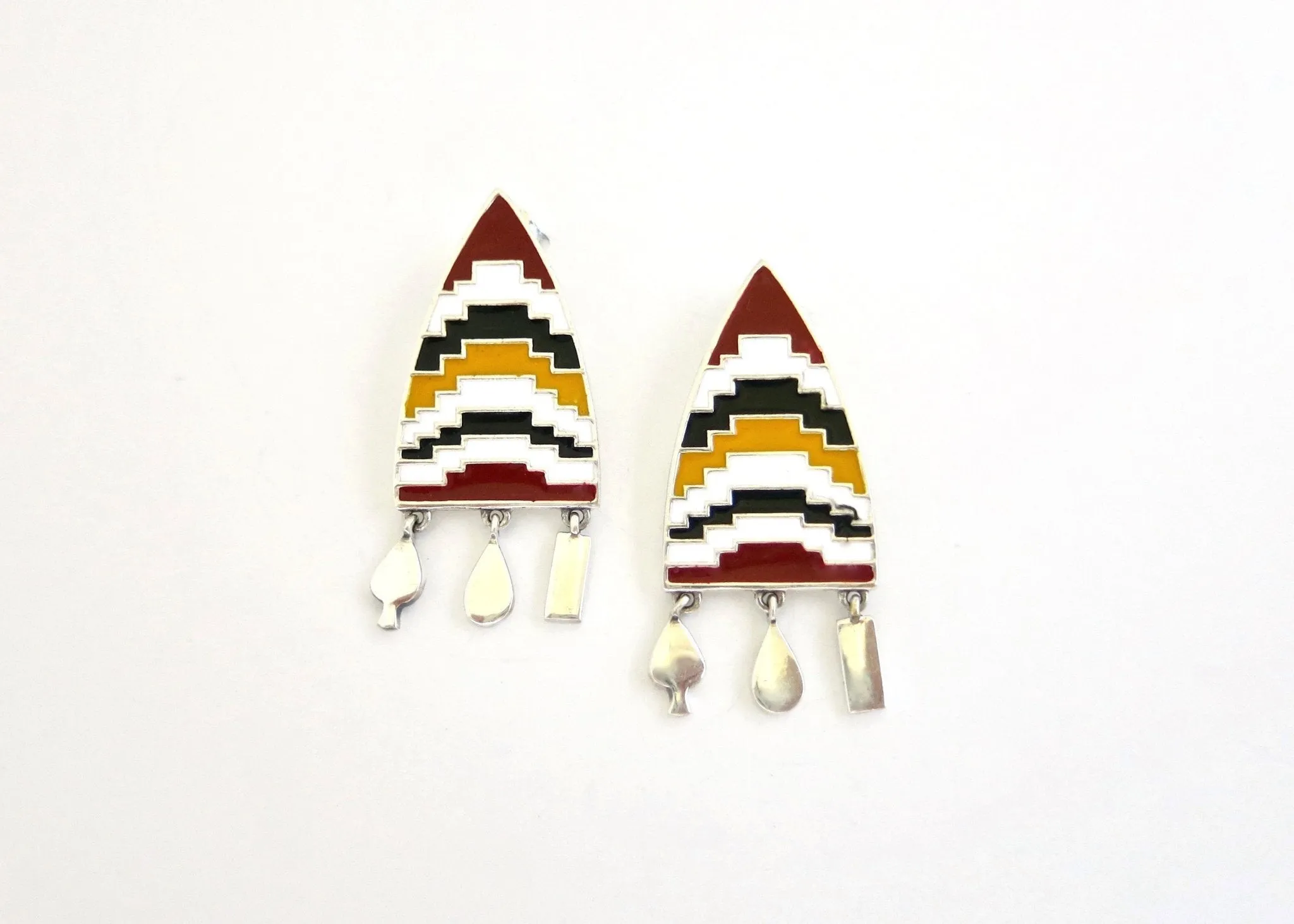 AMARE shield earrings with enamel work and fringe
