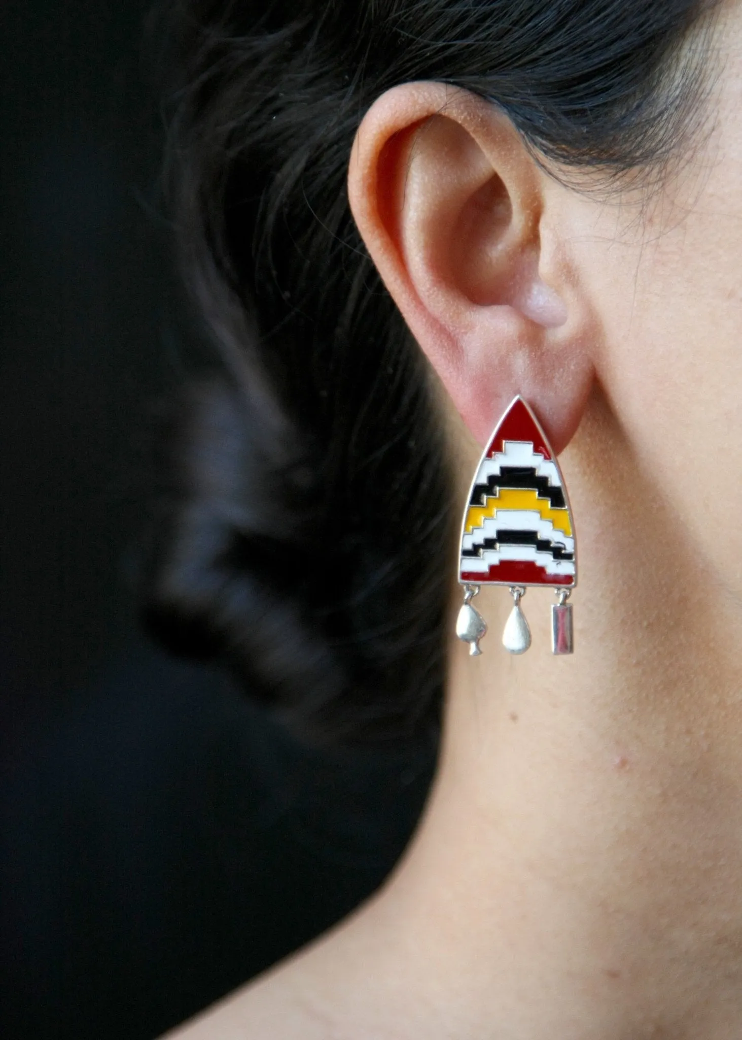 AMARE shield earrings with enamel work and fringe