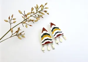 AMARE shield earrings with enamel work and fringe