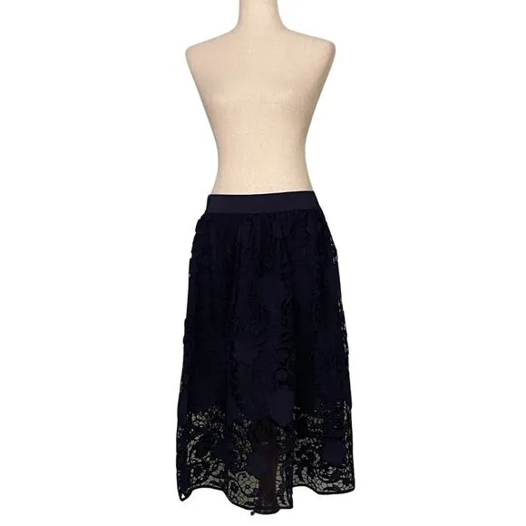 Ann Taylor Lace Overlay Skirt A-Line Lined Navy Blue Midi Length Pull On Dressy