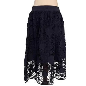 Ann Taylor Lace Overlay Skirt A-Line Lined Navy Blue Midi Length Pull On Dressy