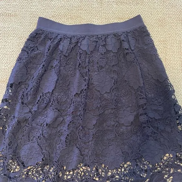 Ann Taylor Lace Overlay Skirt A-Line Lined Navy Blue Midi Length Pull On Dressy