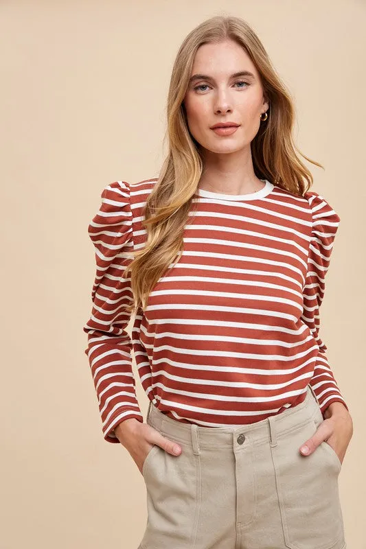 Annie Wear Striped Puff Sleeve French Terry Top