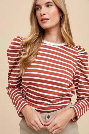 Annie Wear Striped Puff Sleeve French Terry Top