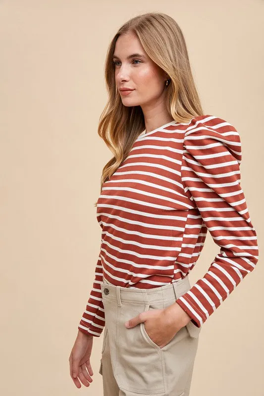 Annie Wear Striped Puff Sleeve French Terry Top