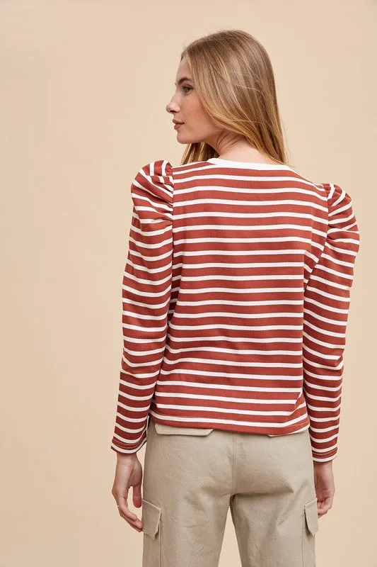 Annie Wear Striped Puff Sleeve French Terry Top