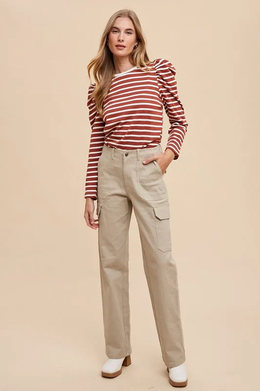 Annie Wear Striped Puff Sleeve French Terry Top