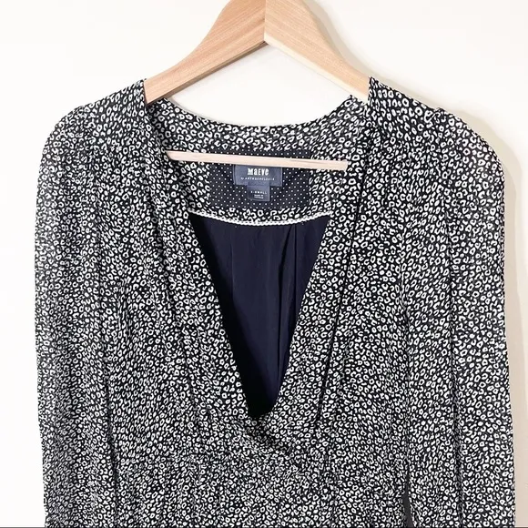 Anthropologie Maeve Carolyn Black Leopard Balloon Sleeves Surplice Mini Dress XS