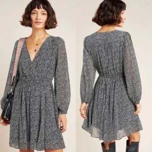 Anthropologie Maeve Carolyn Black Leopard Balloon Sleeves Surplice Mini Dress XS