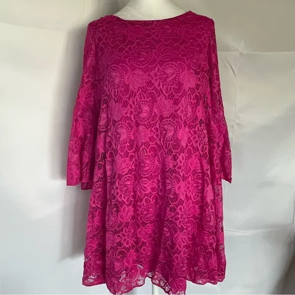 Badgley Mischka A-Line Lace Bell Sleeve Dress Pink Size Medium