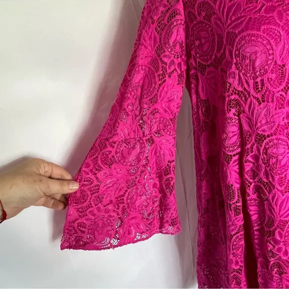 Badgley Mischka A-Line Lace Bell Sleeve Dress Pink Size Medium