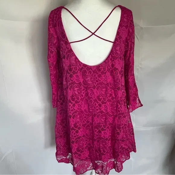 Badgley Mischka A-Line Lace Bell Sleeve Dress Pink Size Medium