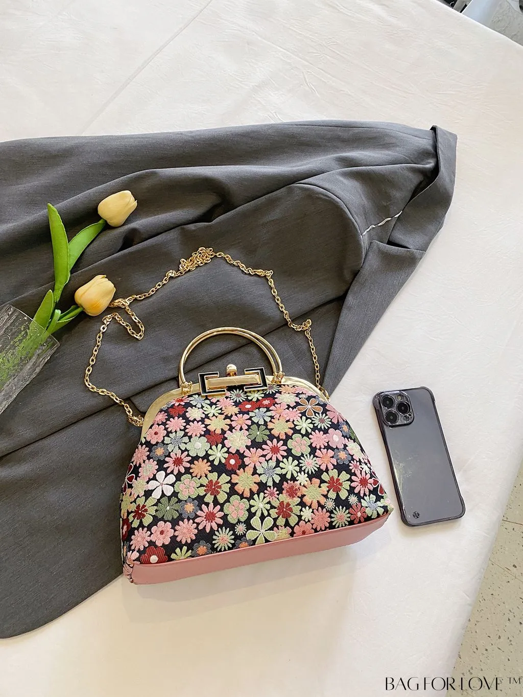 BagForLove - Chic Floral Print Clutch with Metal Chain