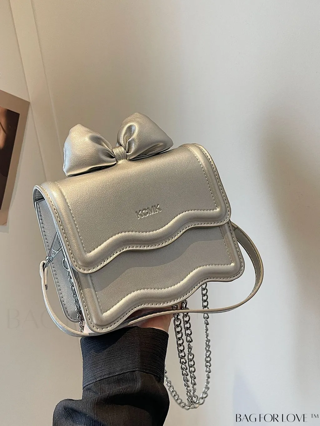 BagForLove - Chic Metallic Glossy Handbag with Bow Tie Accent & Chain Strap