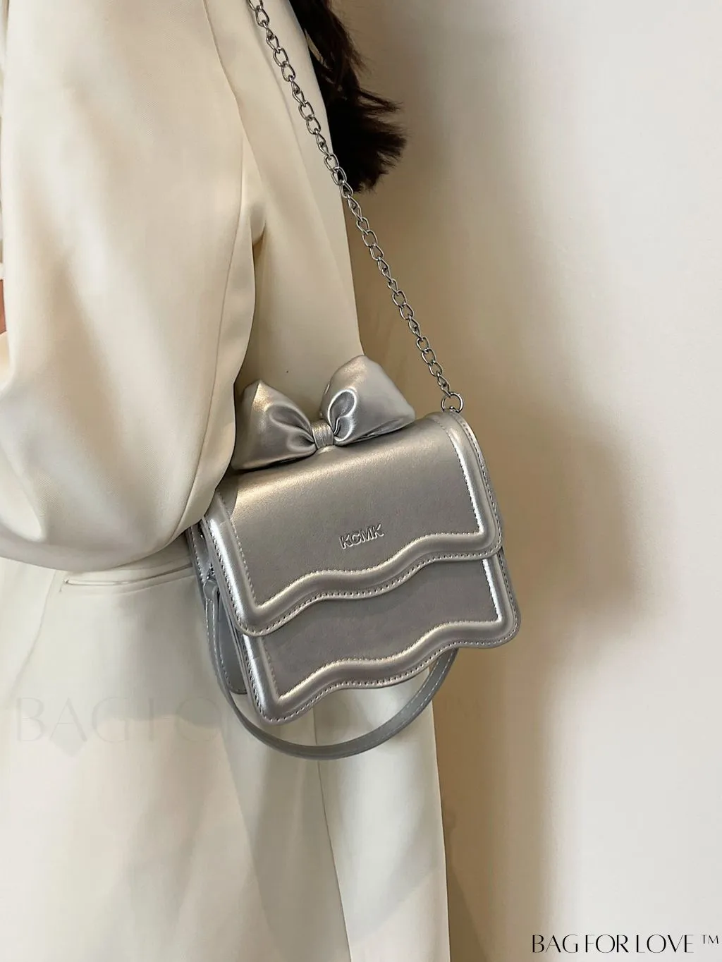 BagForLove - Chic Metallic Glossy Handbag with Bow Tie Accent & Chain Strap