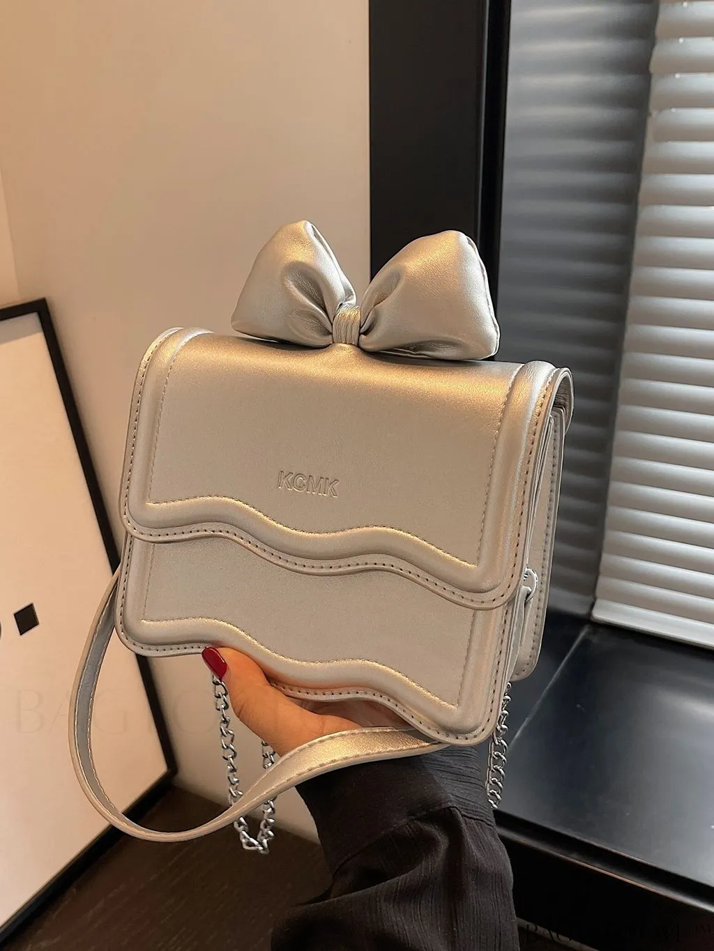 BagForLove - Chic Metallic Glossy Handbag with Bow Tie Accent & Chain Strap