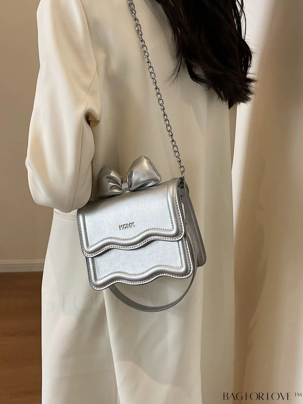 BagForLove - Chic Metallic Glossy Handbag with Bow Tie Accent & Chain Strap