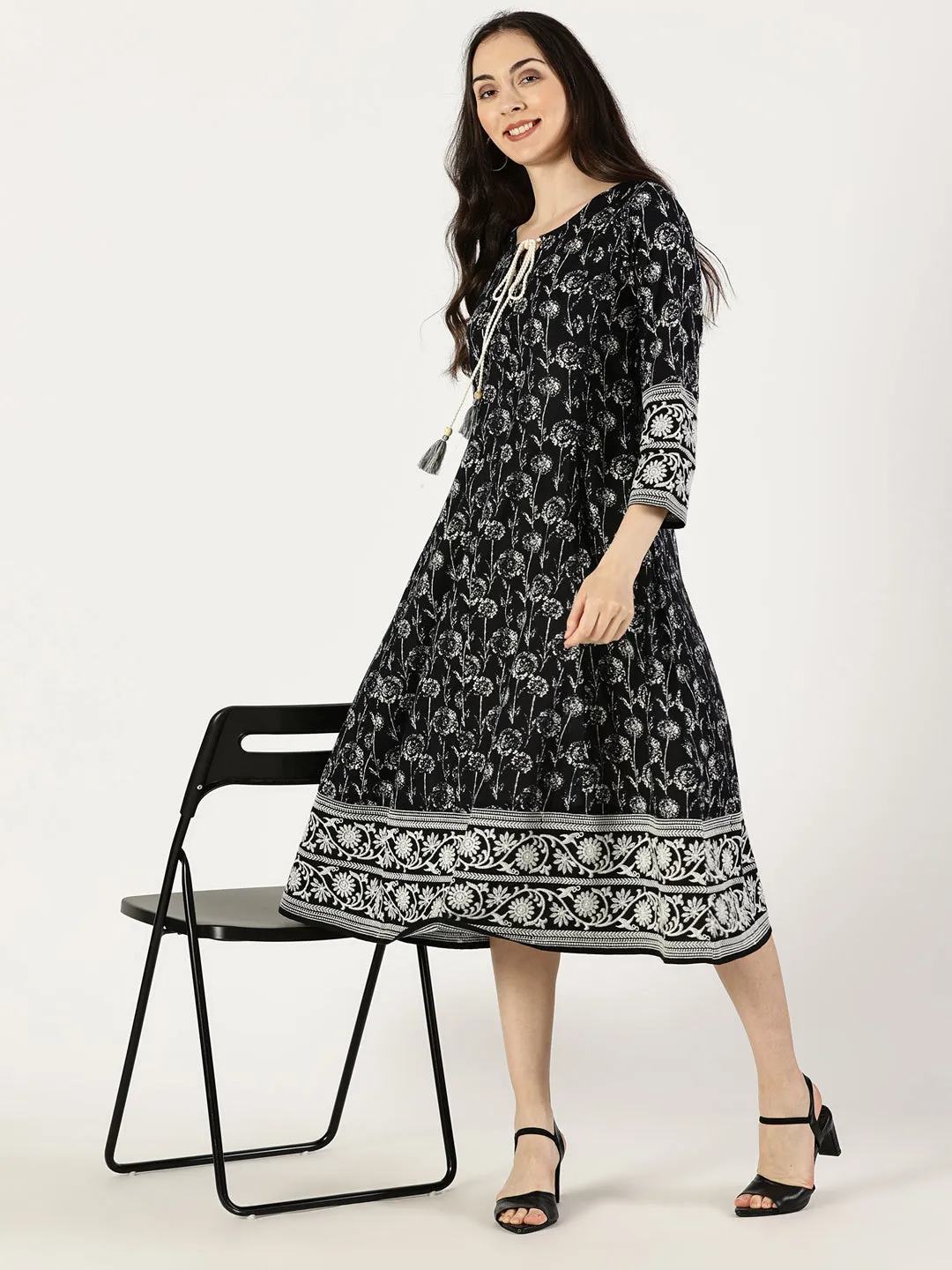 Black Cotton Embroidered Dress with Neck Tie-up