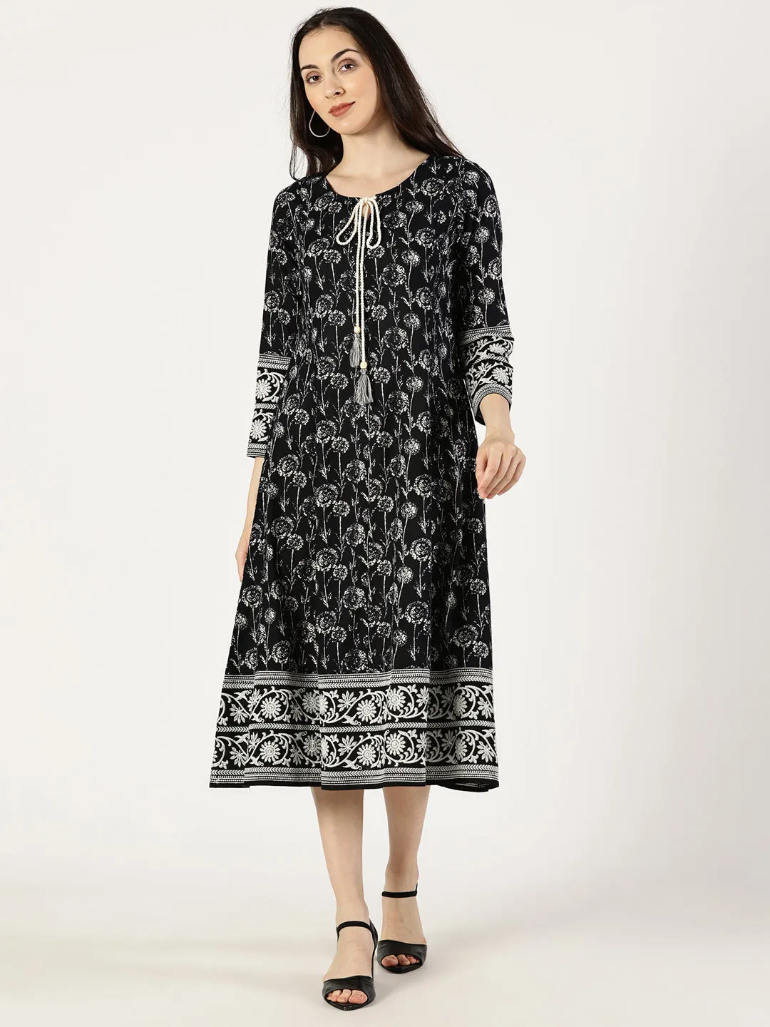 Black Cotton Embroidered Dress with Neck Tie-up
