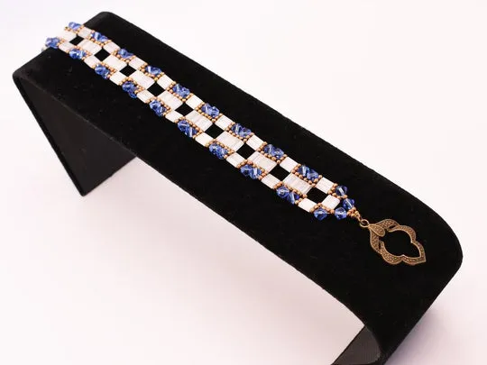 Blue, White & Antique Gold Block Link Bracelet