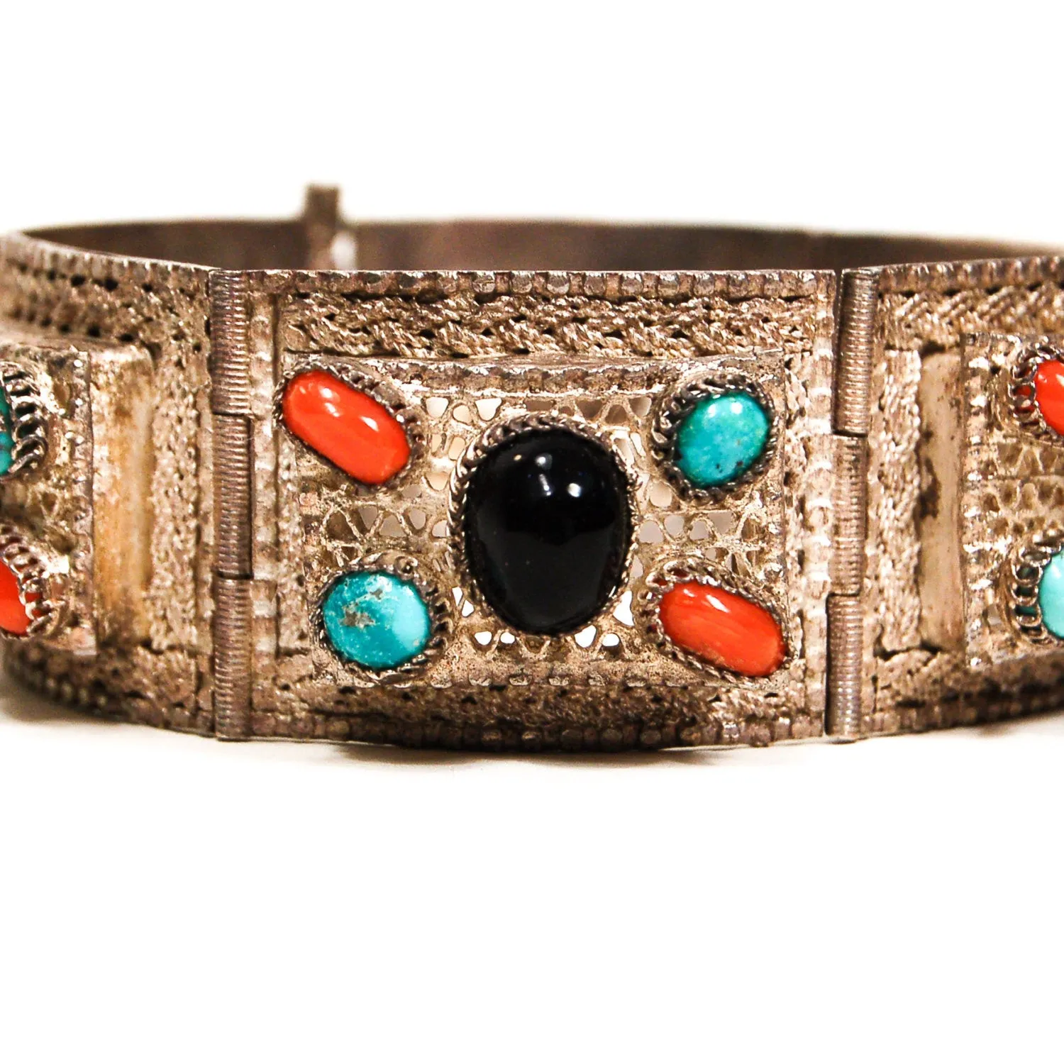 Bohemian Chic Blue Goldstone, Turquoise, Coral Silver Filigree Panel Bracelet
