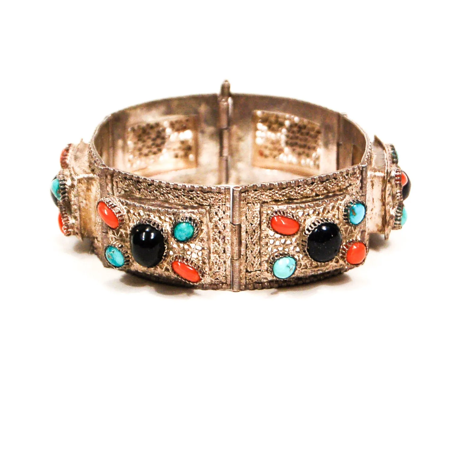 Bohemian Chic Blue Goldstone, Turquoise, Coral Silver Filigree Panel Bracelet