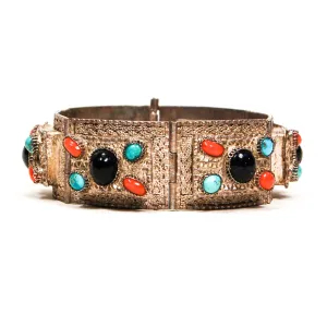 Bohemian Chic Blue Goldstone, Turquoise, Coral Silver Filigree Panel Bracelet
