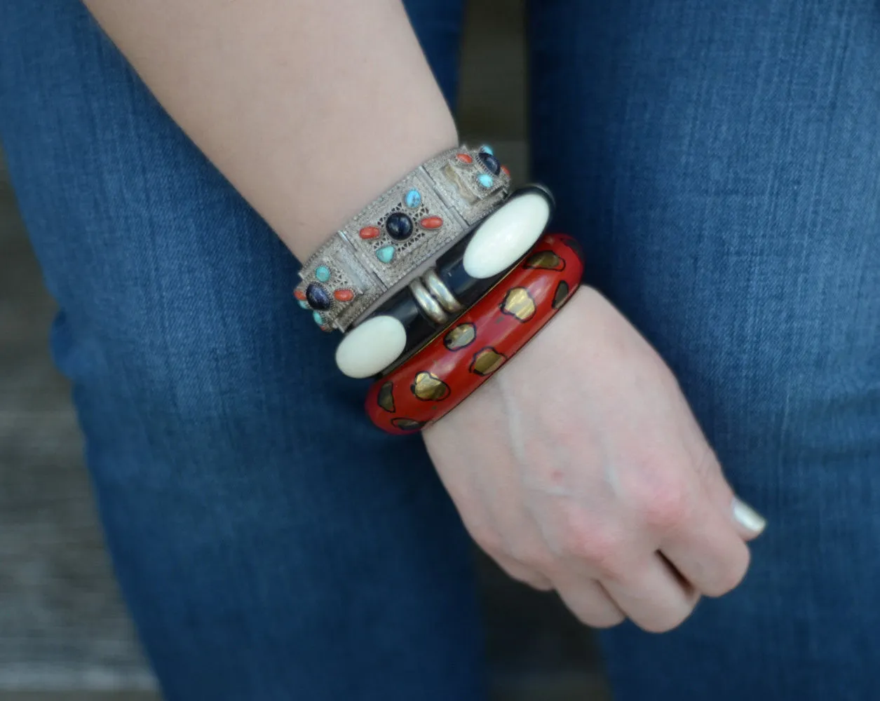 Bohemian Chic Blue Goldstone, Turquoise, Coral Silver Filigree Panel Bracelet