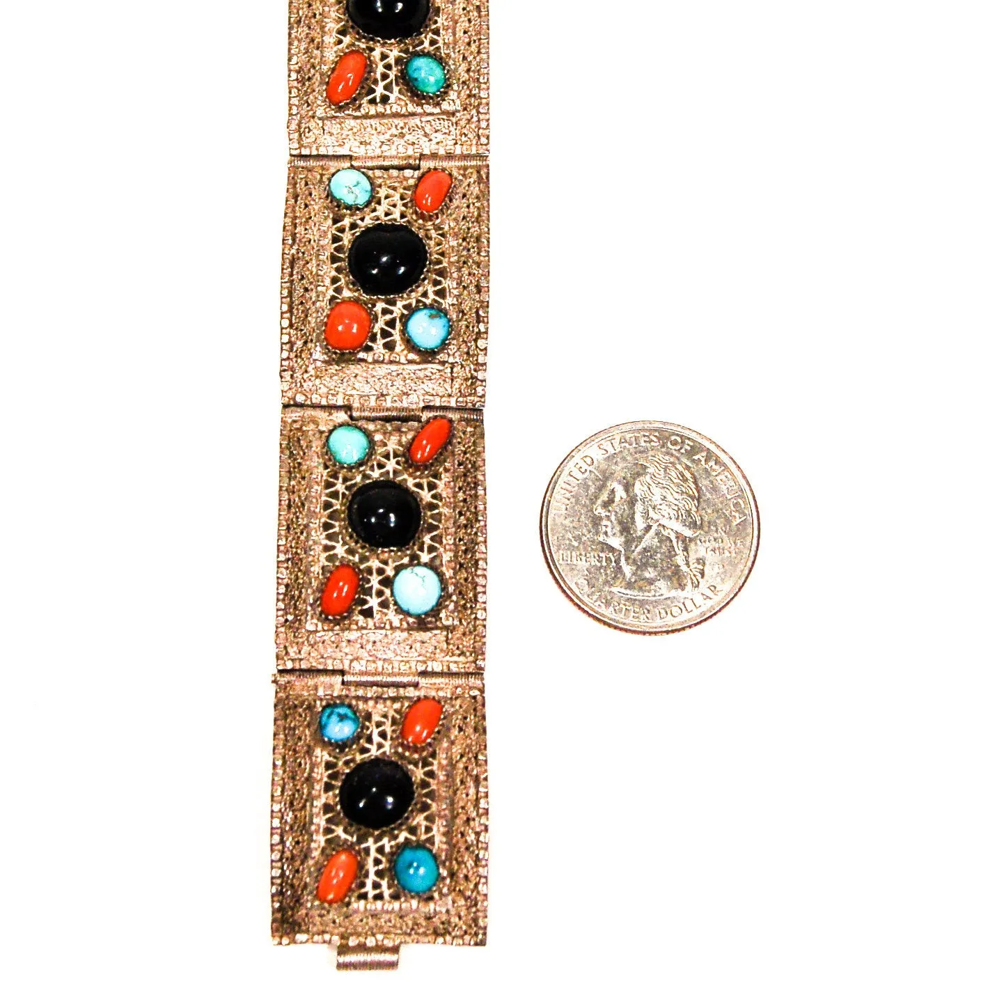 Bohemian Chic Blue Goldstone, Turquoise, Coral Silver Filigree Panel Bracelet