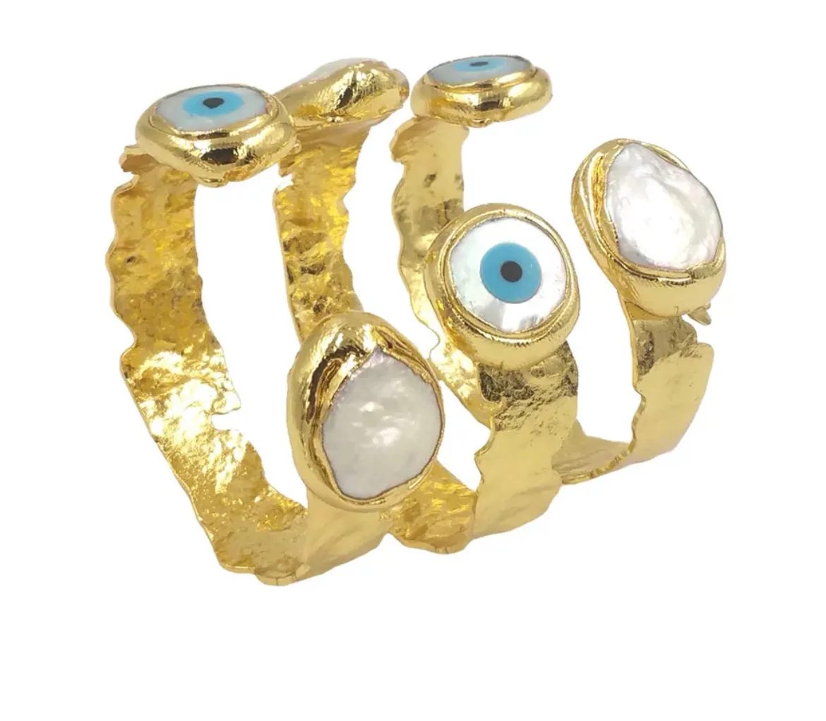 Boho & Mala Freshwater Pearl Evil Eye Gold Cuff Bracelet DCB1004