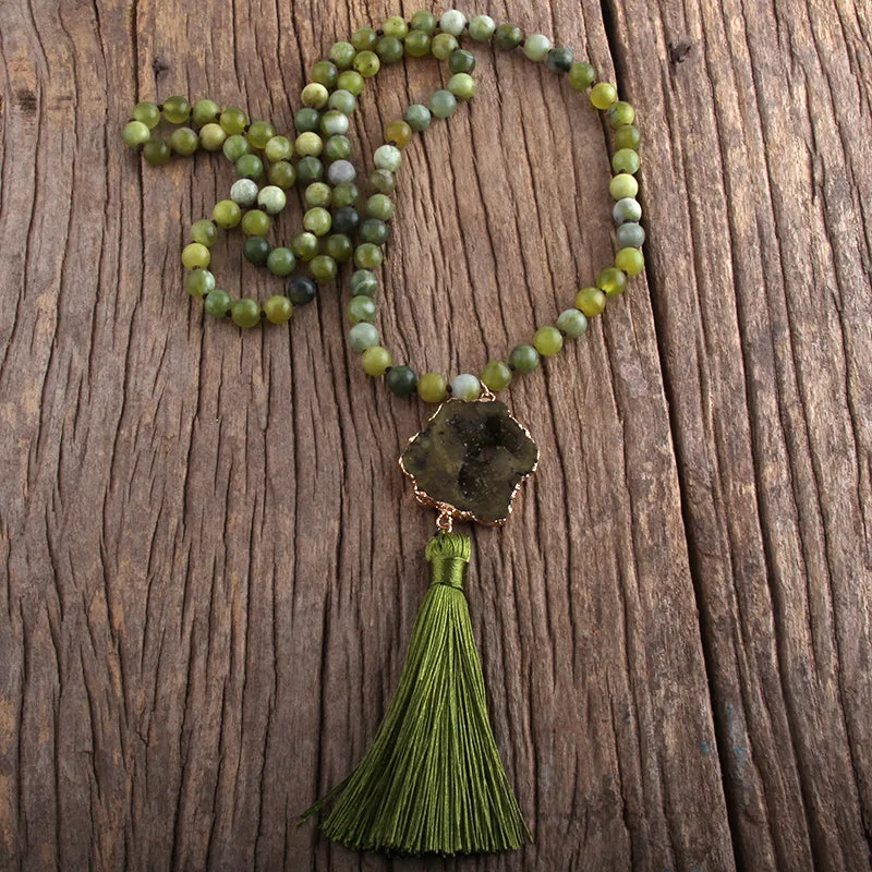 Boho & Mala Green Tribal Agate Slice Tassel Necklace (Green) TN1003