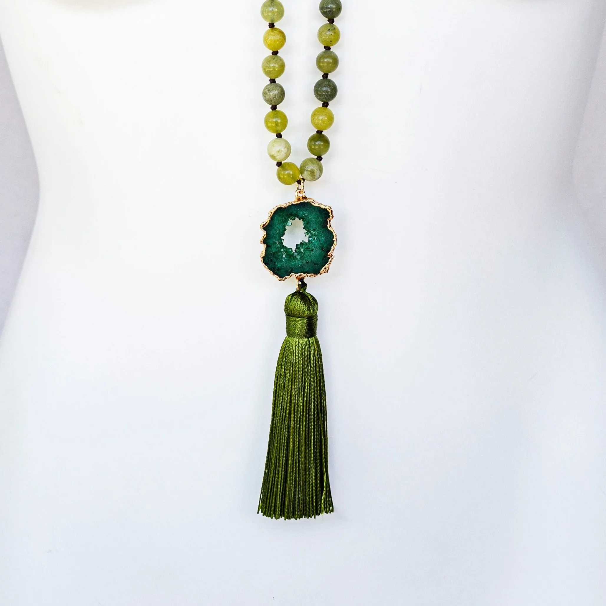 Boho & Mala Green Tribal Agate Slice Tassel Necklace (Green) TN1003