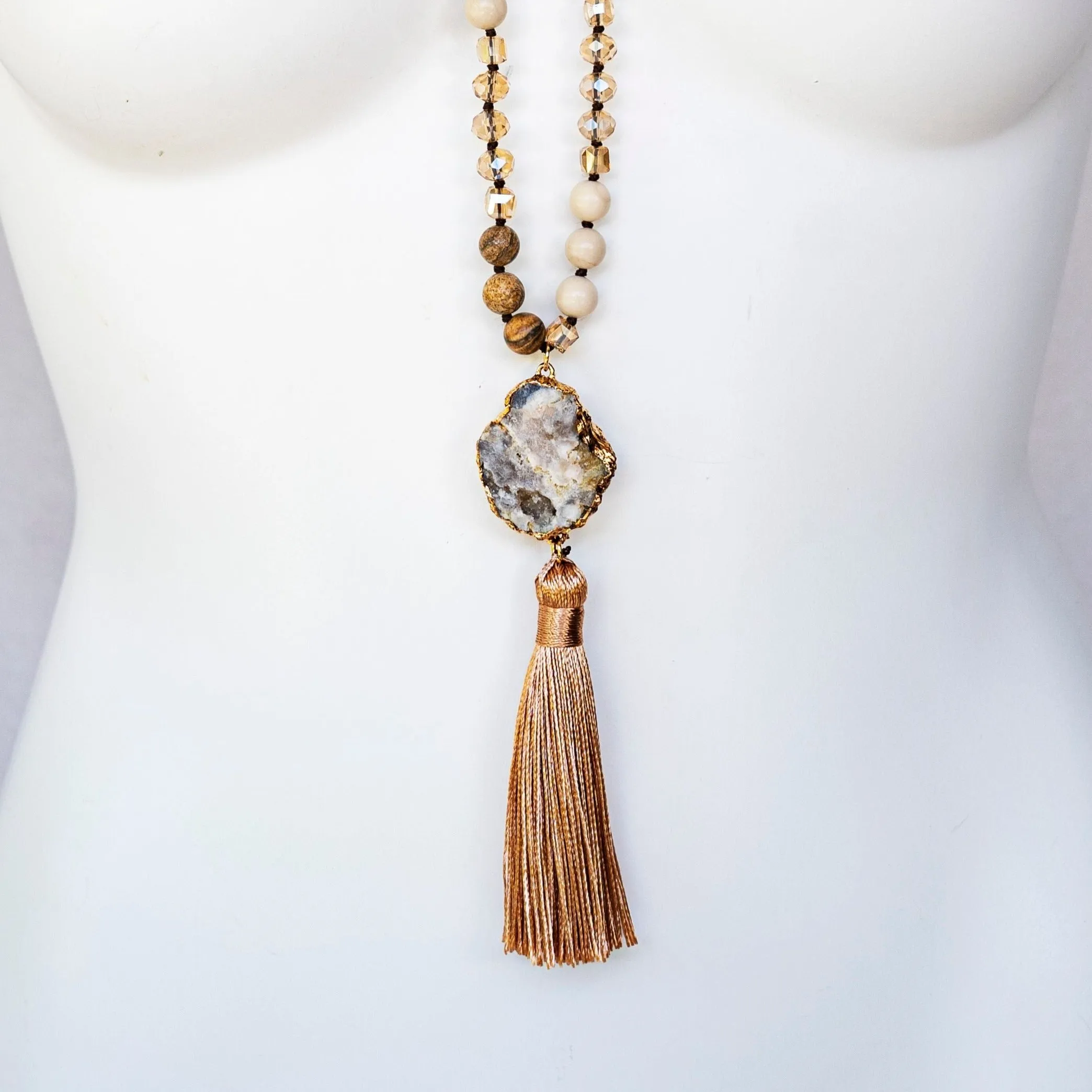 Boho & Mala Tribal Agate Slice Tassel Necklace (Brown Mix) TN10049