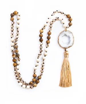 Boho & Mala Tribal Agate Slice Tassel Necklace (Brown Mix) TN10049