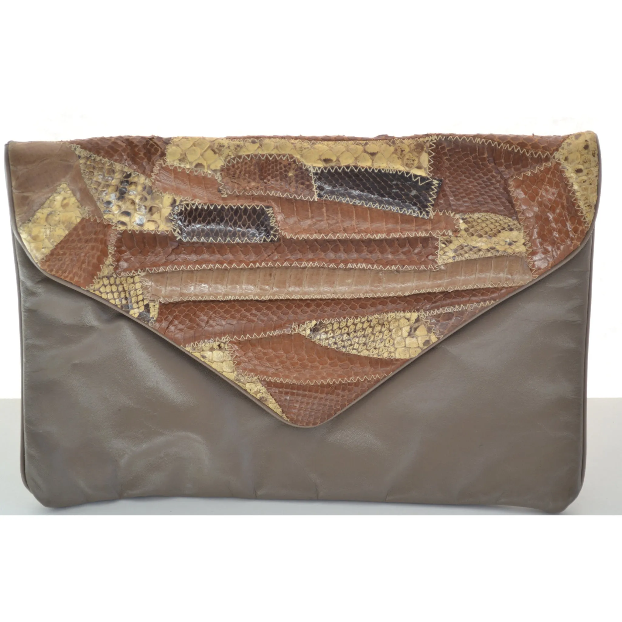 Brown Patched Reptile Leather Clutch Purse by Hala