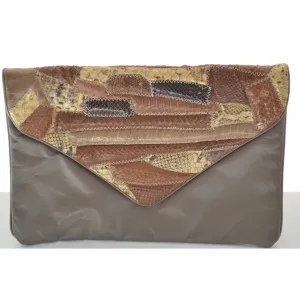 Brown Patched Reptile Leather Clutch Purse by Hala