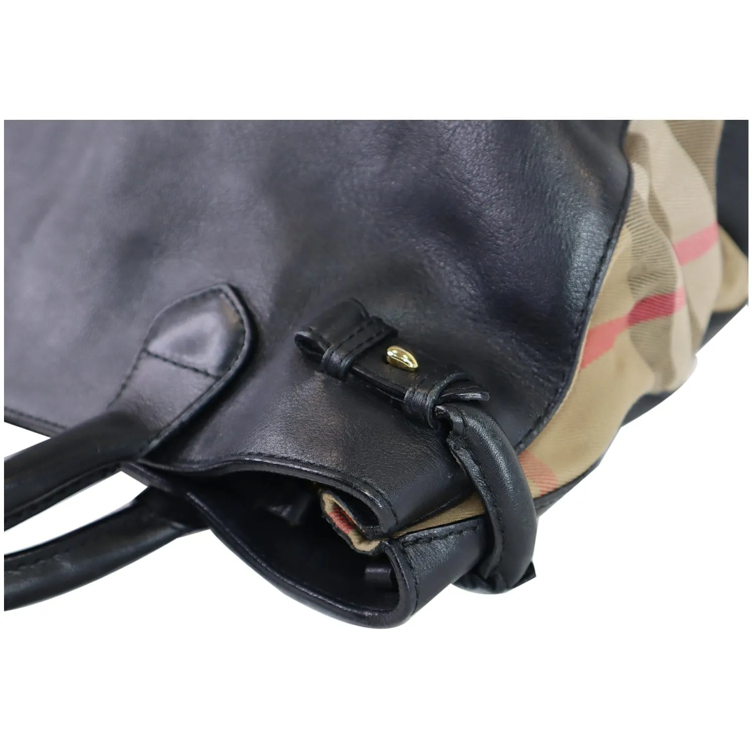 BURBERRY House Check Medium Banner Calf Leather Tote Bag Black