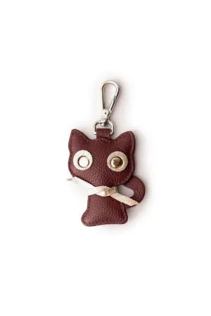 Burgundy Leather Cat Shape Charm Keyring