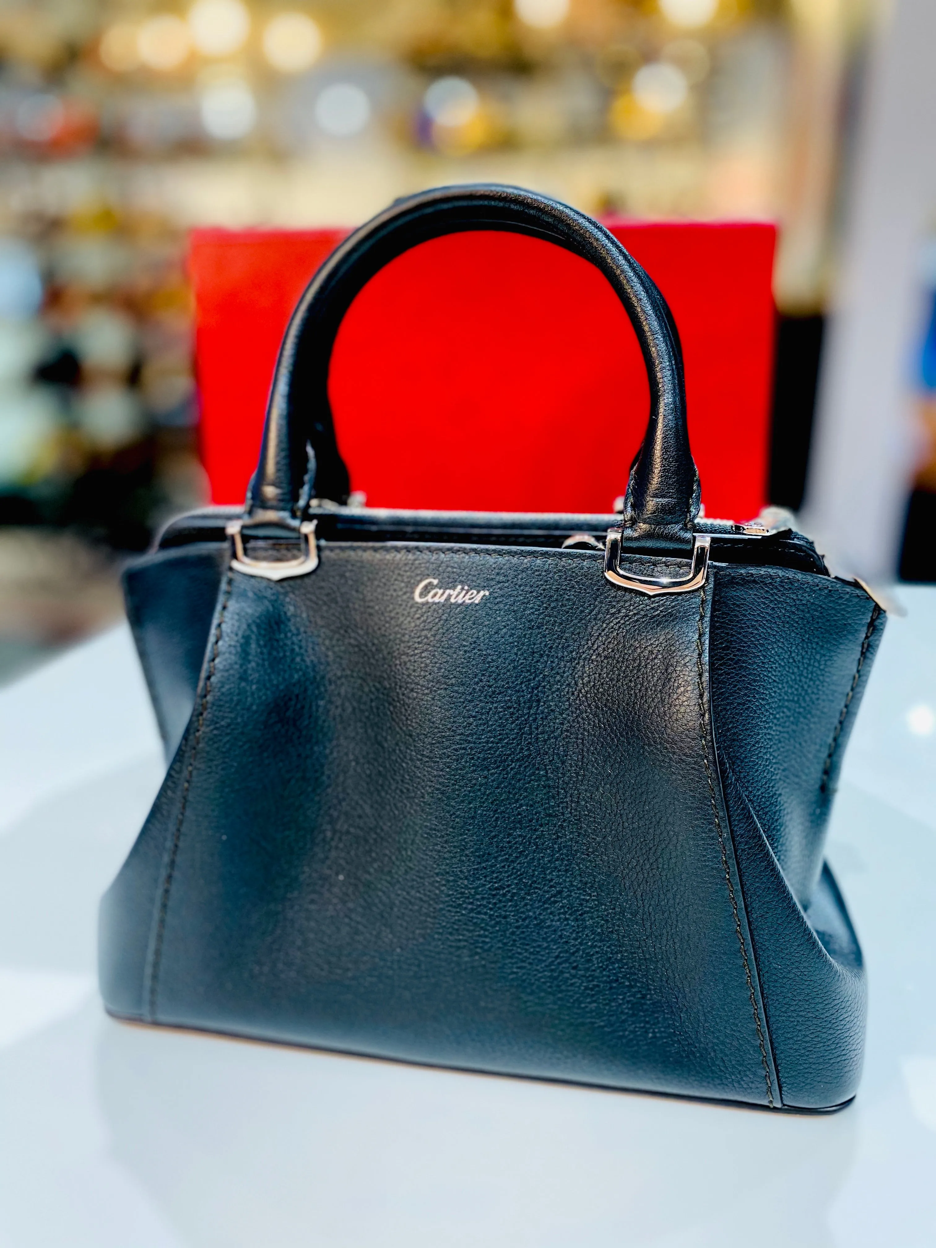 C De Cartier Bag, MIni Black Leather with Silver Hardware
