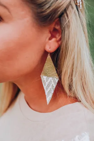 Chevron/Triangle Leather Earrings - White/Gold Metallic